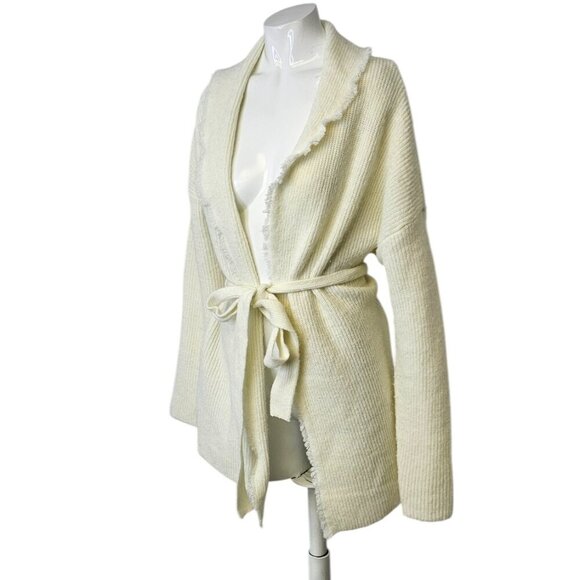 FRYE Womens Salt Breeze Cardigan, Large, Cream, Soft Knit Fringe, Tie Waist - Picture 3 of 9